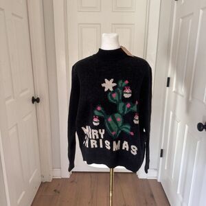 NEW Shein X Frenchy Womens Sz M Ugly Cute Christmas Cactus Sweater Spellout Rare